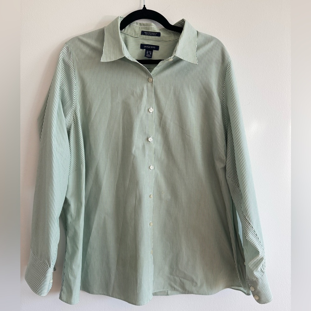 Lands End Green Blue White Vertical Stripe Button Down Blouse Shirt Oxford 24W